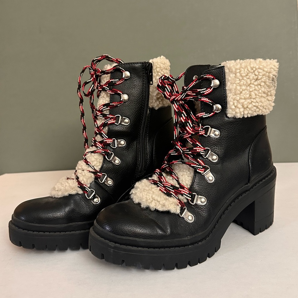 Women’s Faux-Shearling Lace-Up Block Heel Boots - Black